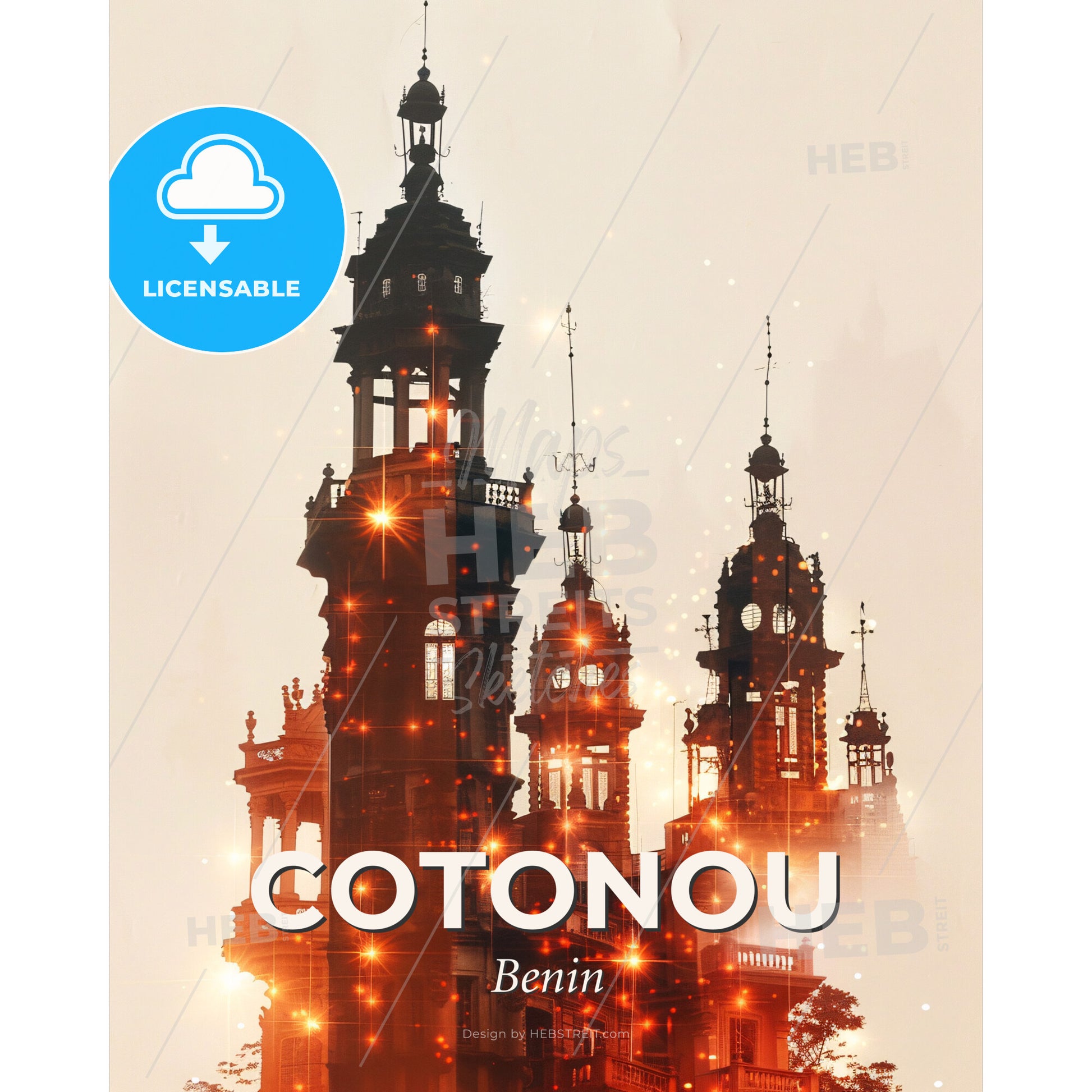 Cotonou Skyline Subtile Backlight Sparkle Art - A building with towers and lights - Square format print template