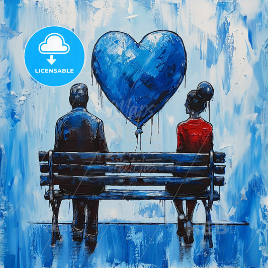 A Painting Of A Man And Woman Sitting On A Bench With A Heart Shaped Balloon