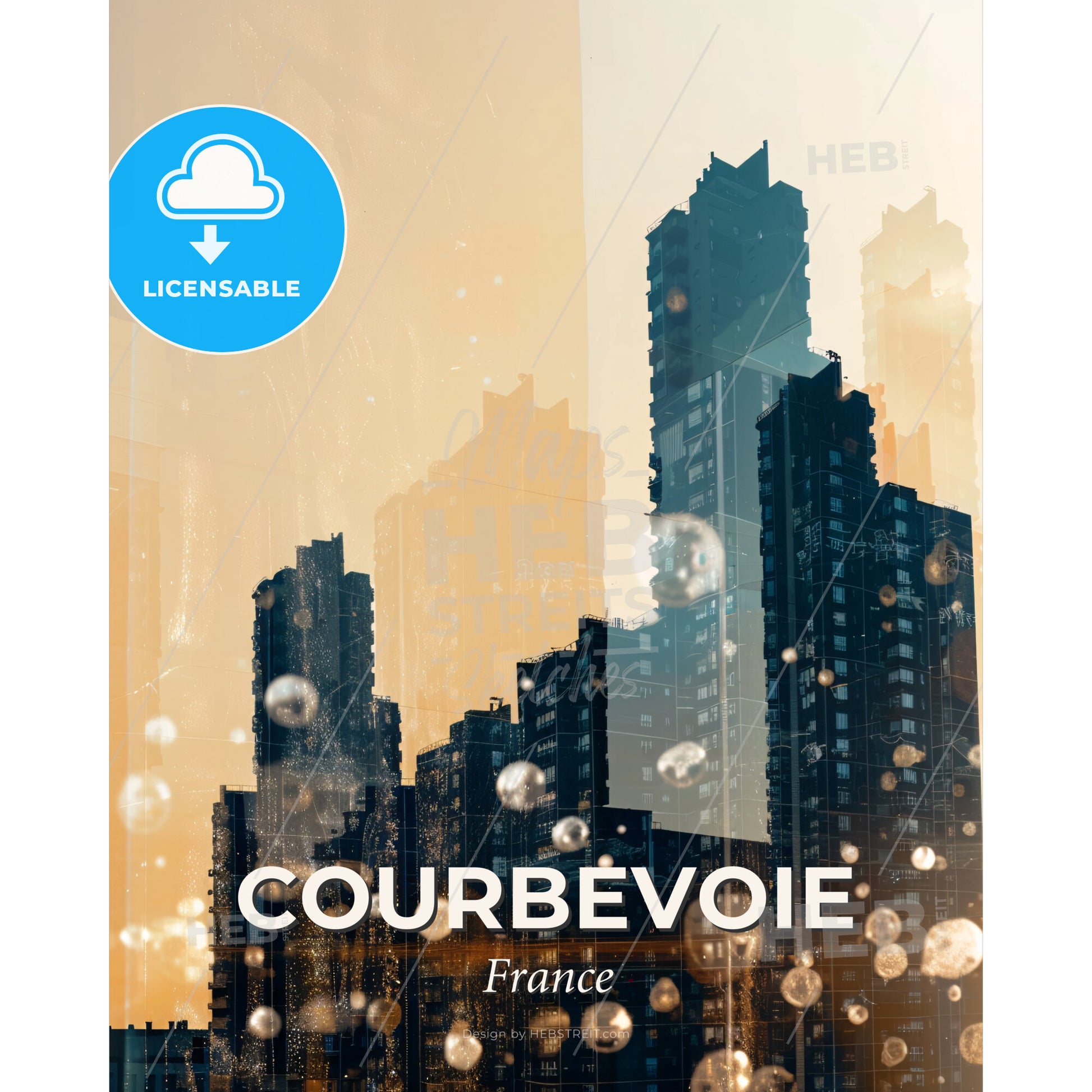 Courbevoie Double Exposure Skyline Composite Art Poster - A city skyline with bubbles - Square format print template