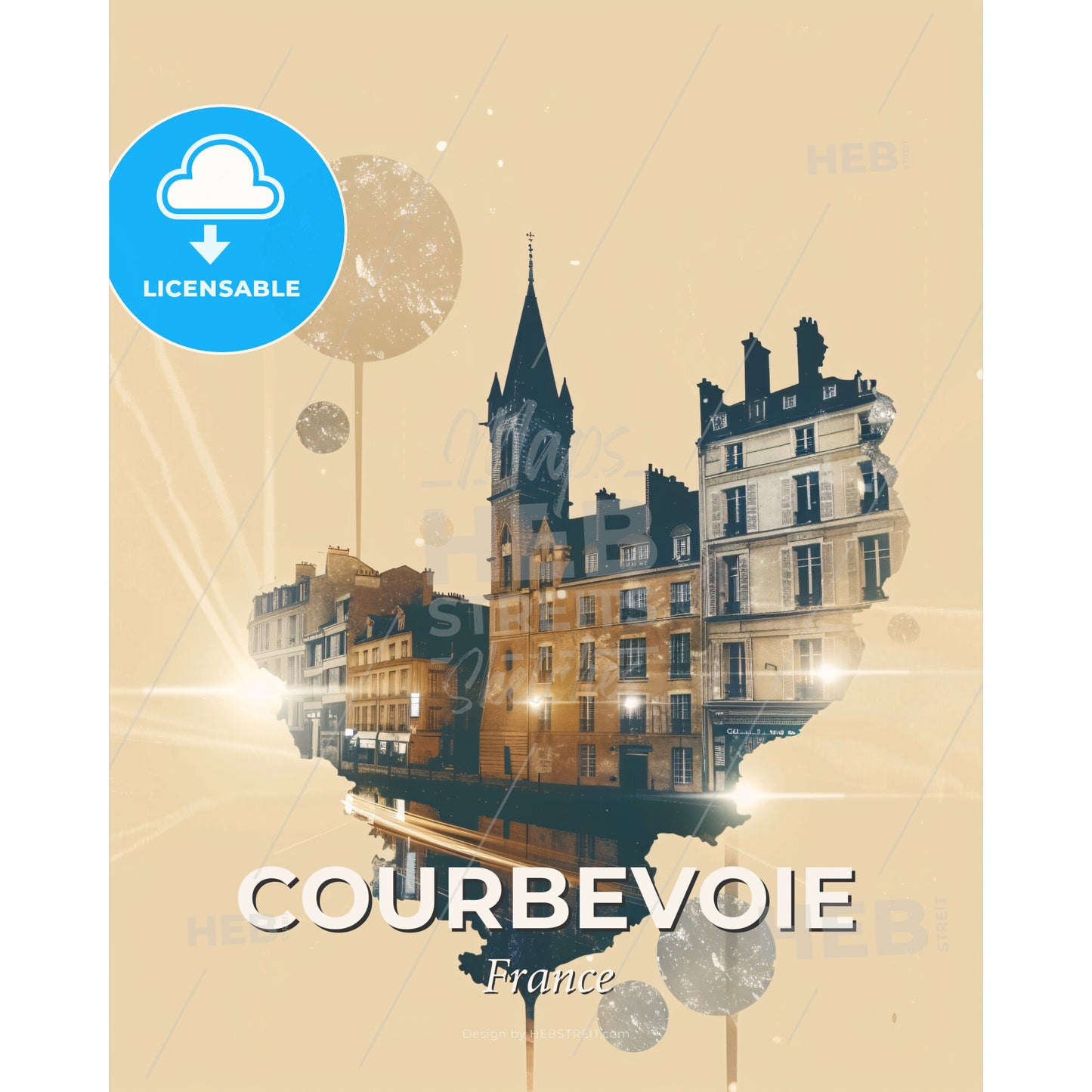 Courbevoie Double Exposure Skyline Silhouette Poster - A city with buildings and lights - Square format print template
