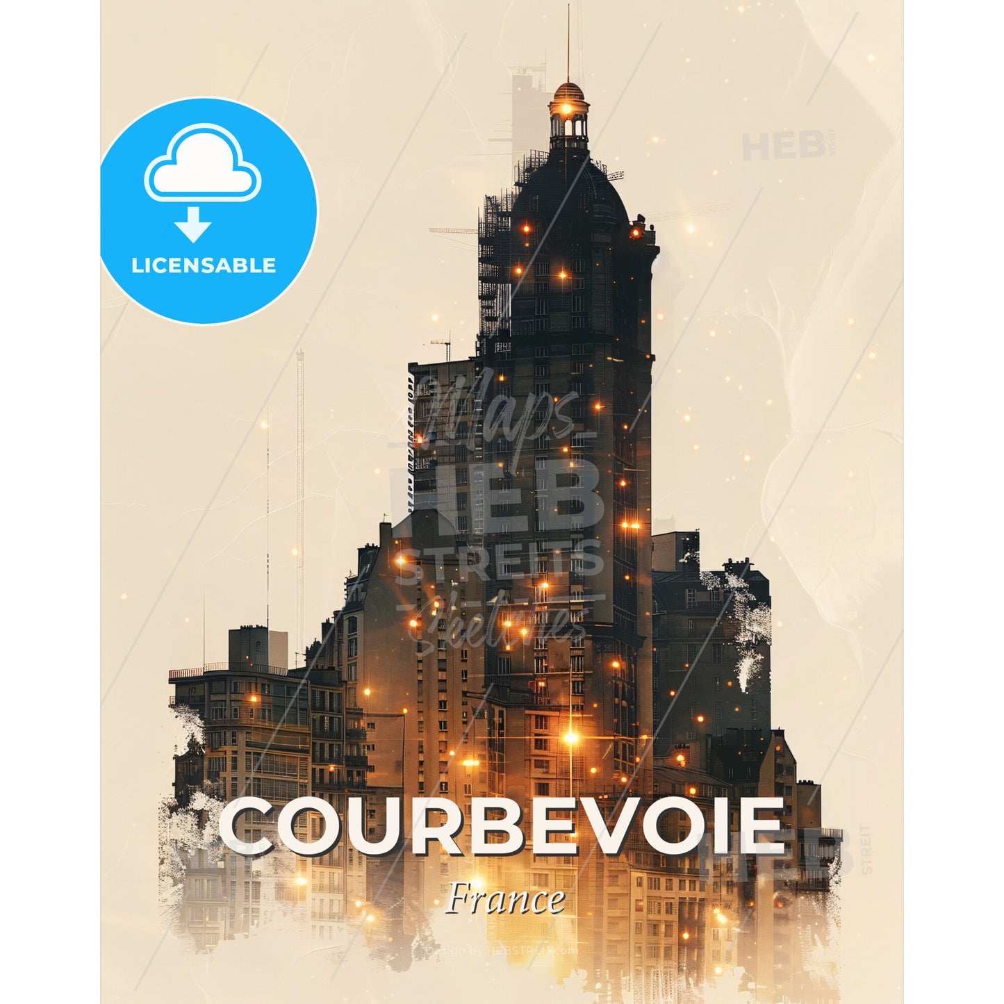 Courbevoie Skyline Double Exposure Composite Poster Art - A city skyline with many buildings - Square format print template