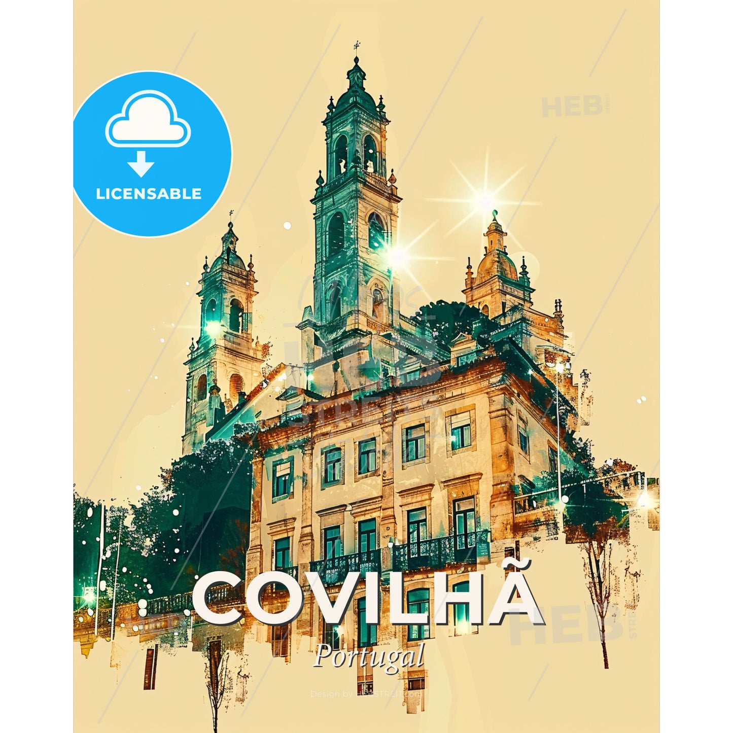 Covilhã Cityscape Skyline Composite Art - A building with a tower and a balcony - Square format print template