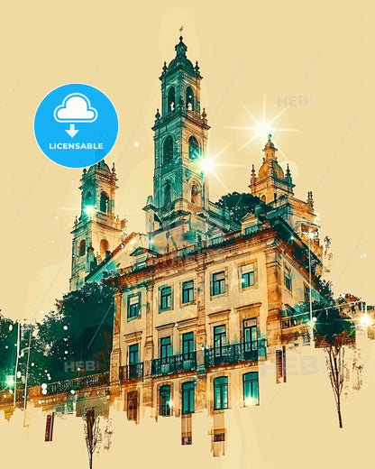Covilhã Cityscape Skyline Composite Art - A building with a tower and a balcony