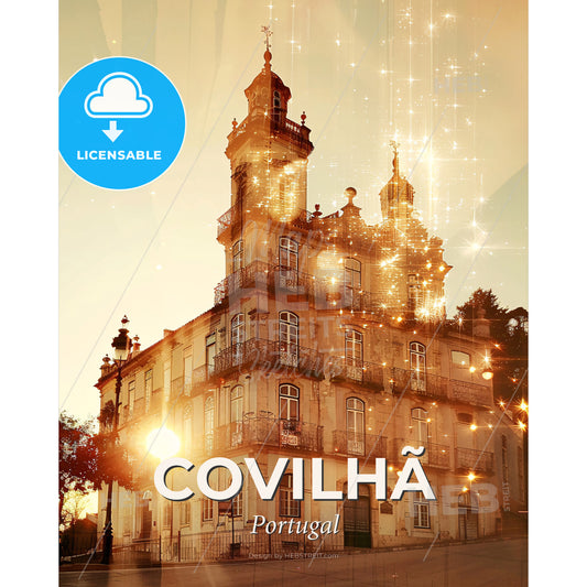 Covilhã Skyline Art: Double Exposure Cityscape - A building with a tower and lights - Square format print template