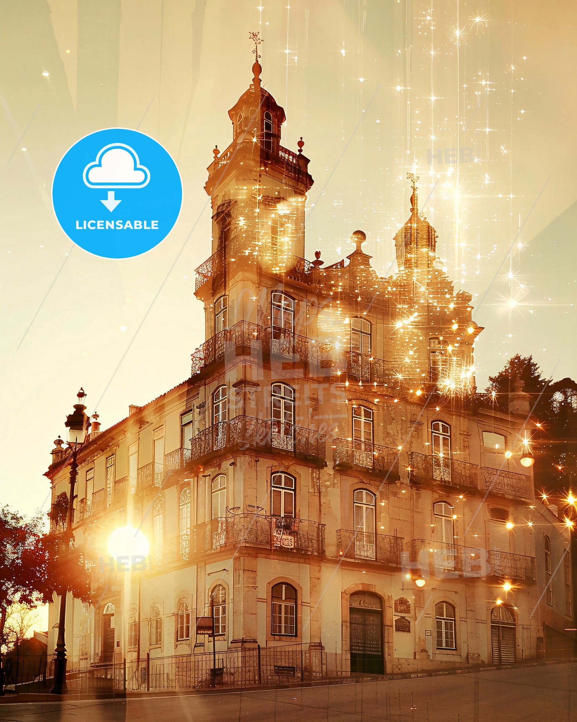 Covilhã Skyline Art: Double Exposure Cityscape - A building with a tower and lights