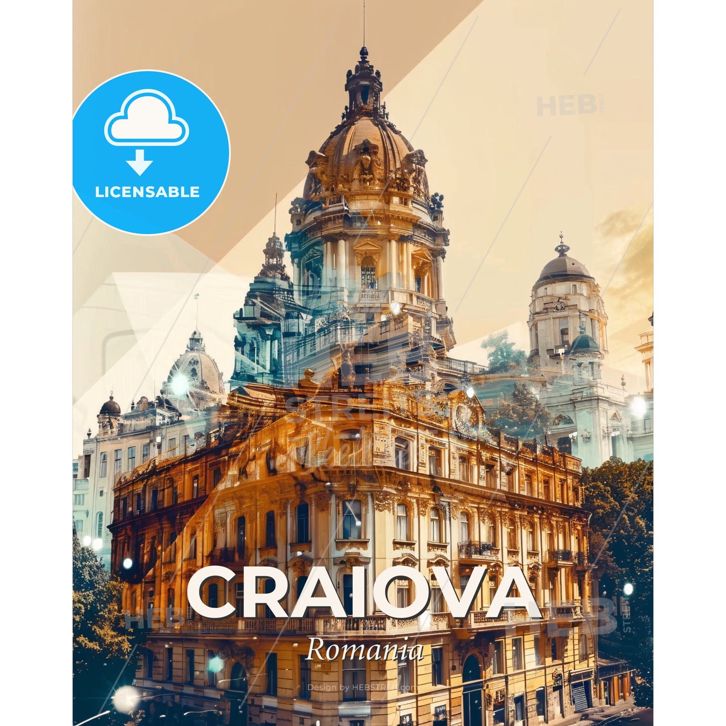 Craiova Skyline Local Colors Poster Art - A building with a dome shaped roof - Square format print template