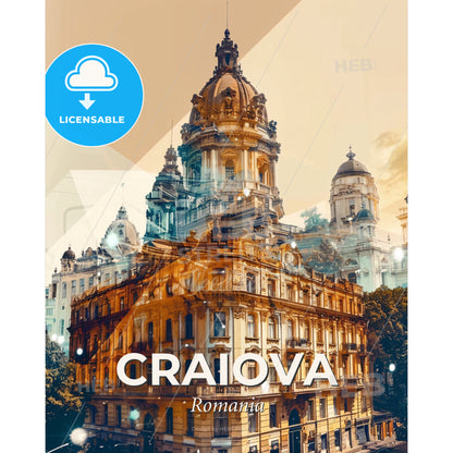 Craiova Skyline Local Colors Poster Art - A building with a dome shaped roof - Square format print template