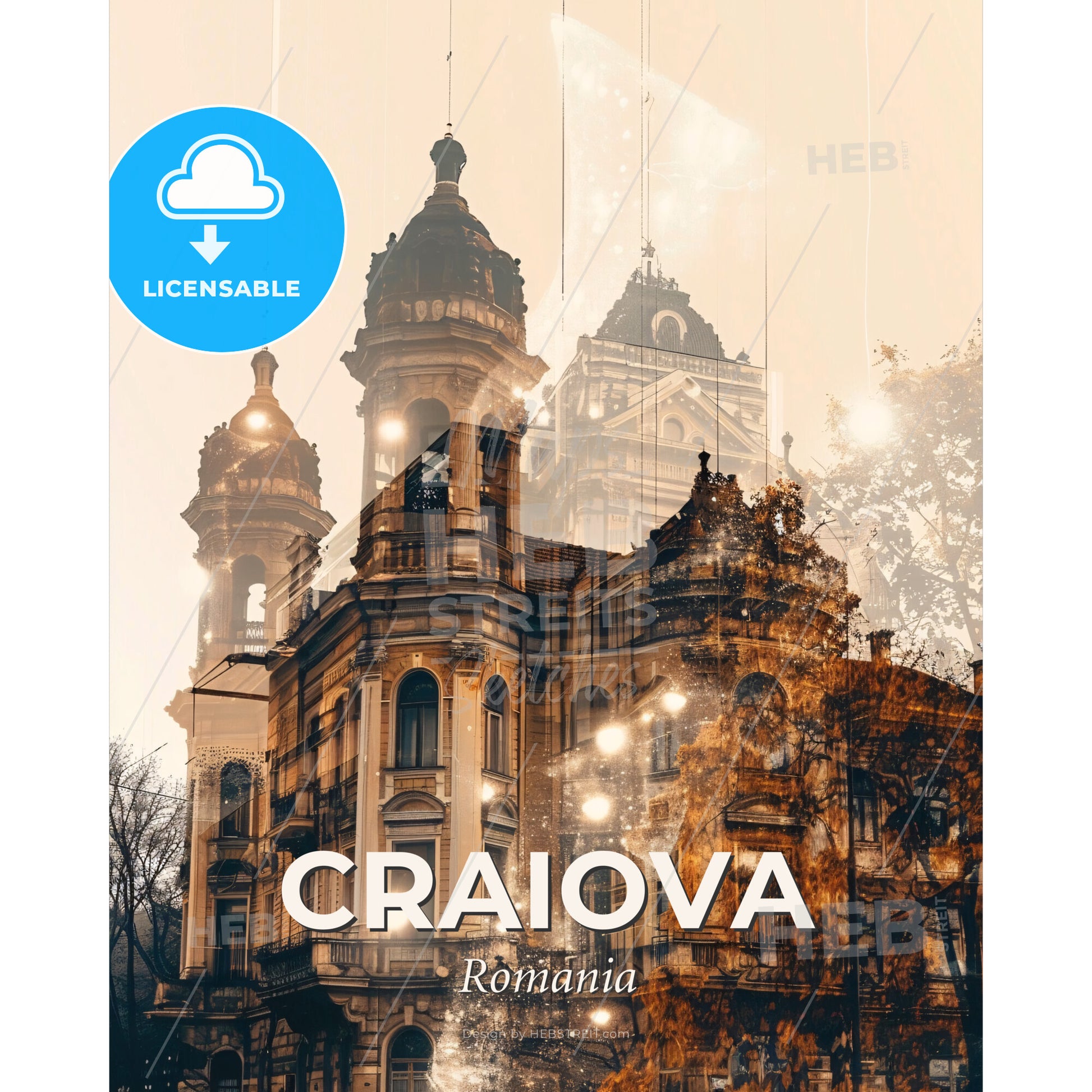 Craiova City Skyline Majestic Double Exposure - A building with a tower and trees - Square format print template