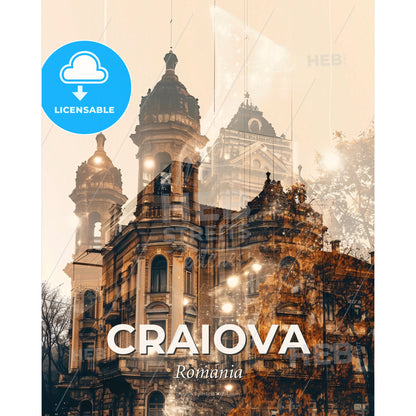 Craiova City Skyline Majestic Double Exposure - A building with a tower and trees - Square format print template