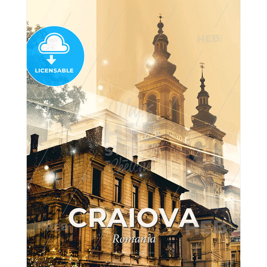 Craiova Skyline Night Lights Cityscape Poster - A building with a tower - Square format print template