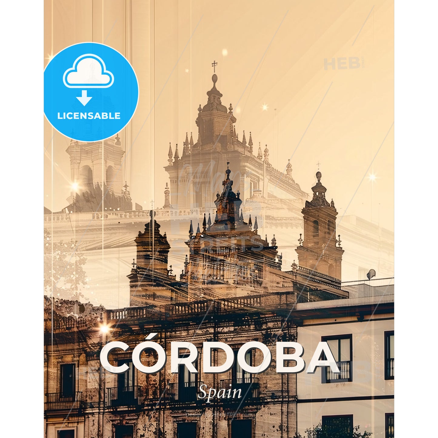 Córdoba, Spain: Double Exposure Cityscape Art - A building with many towers - Square format print template