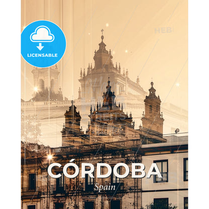 Córdoba, Spain: Double Exposure Cityscape Art - A building with many towers - Square format print template
