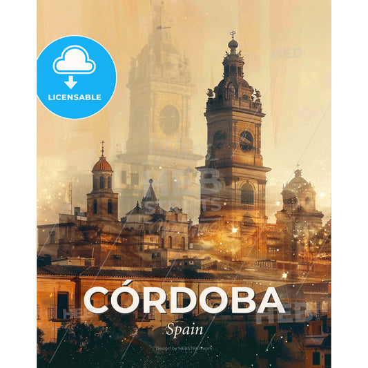 Cordoba Spain City Skyline Double Exposure Art Poster - A building with a clock tower - Square format print template