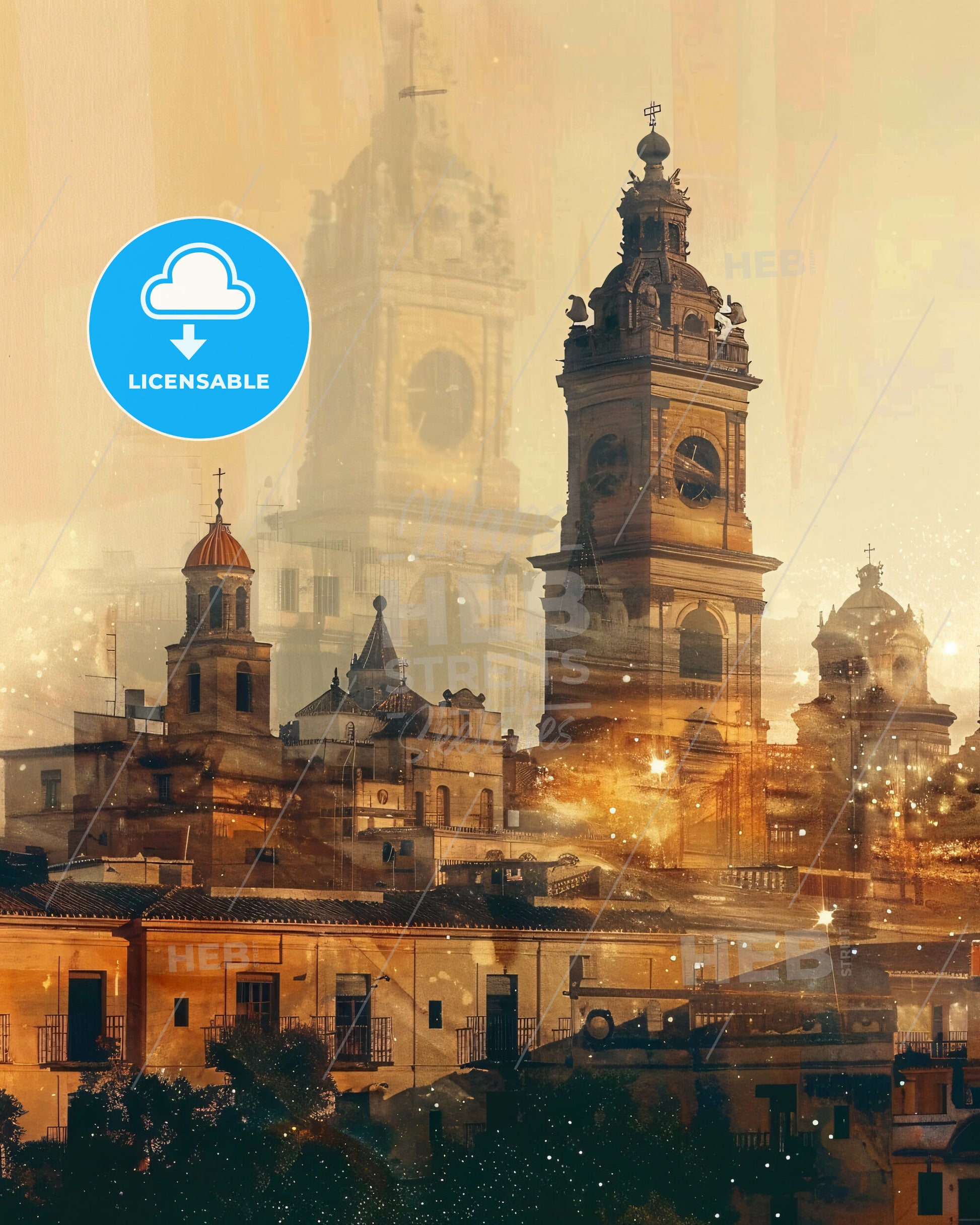 Cordoba Spain City Skyline Double Exposure Art Poster - A building with a clock tower