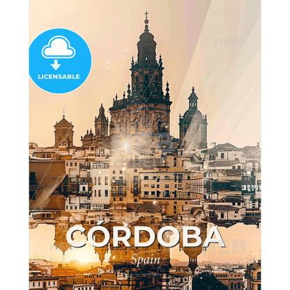 Cordoba Skyline Double Exposure Art Poster - A building with a tower and a body of water - Square format print template
