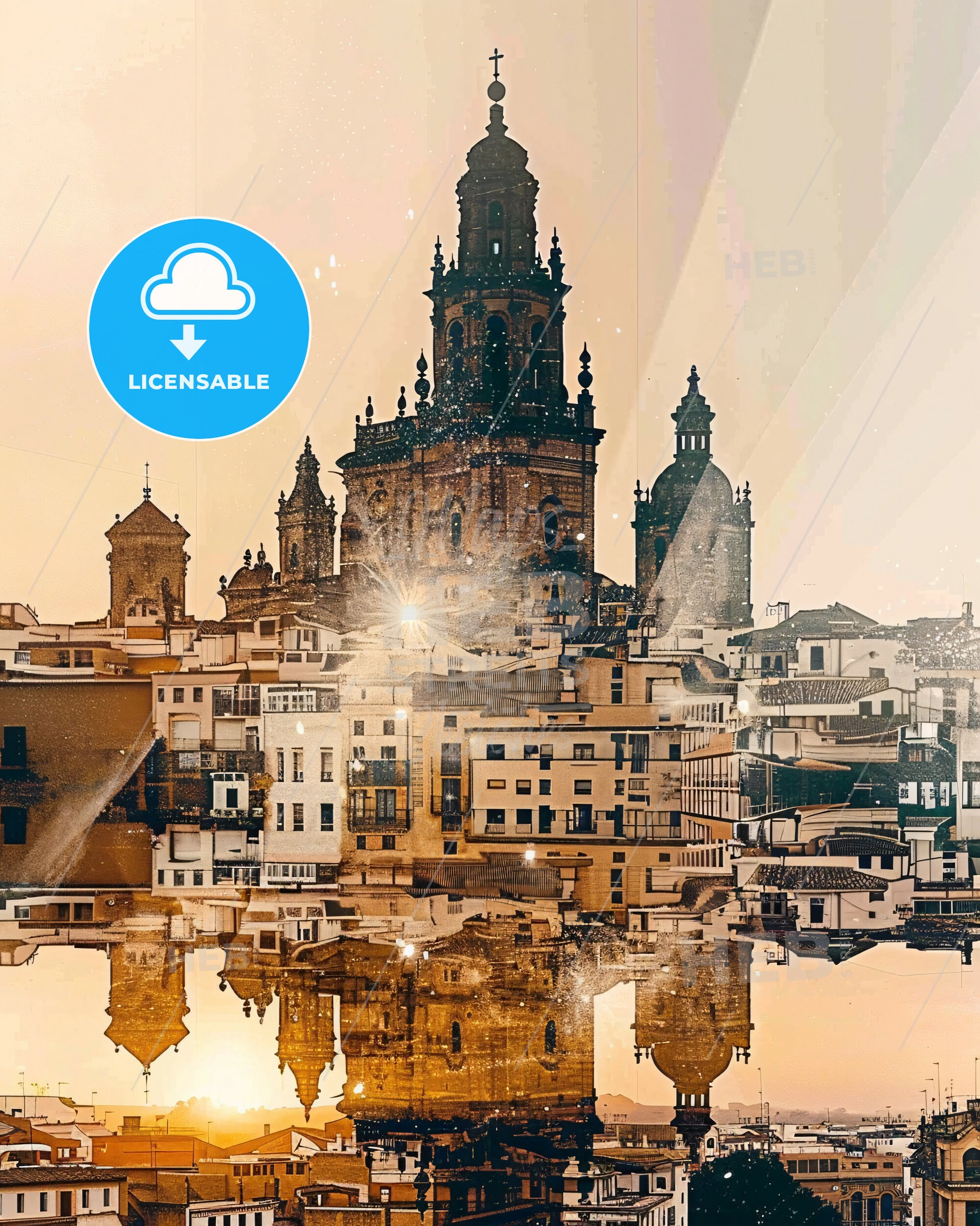 Cordoba Skyline Double Exposure Art Poster - A building with a tower and a body of water