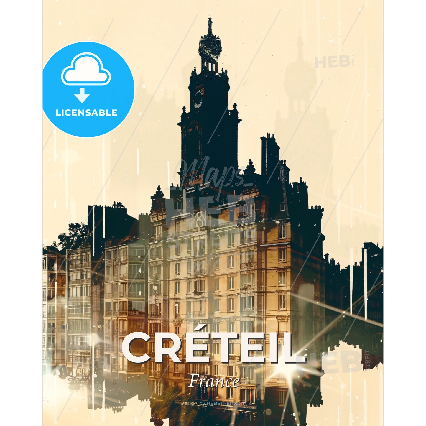 CrÃ©teil Skyline Silhouette Poster - A building with a clock tower - Square format print template