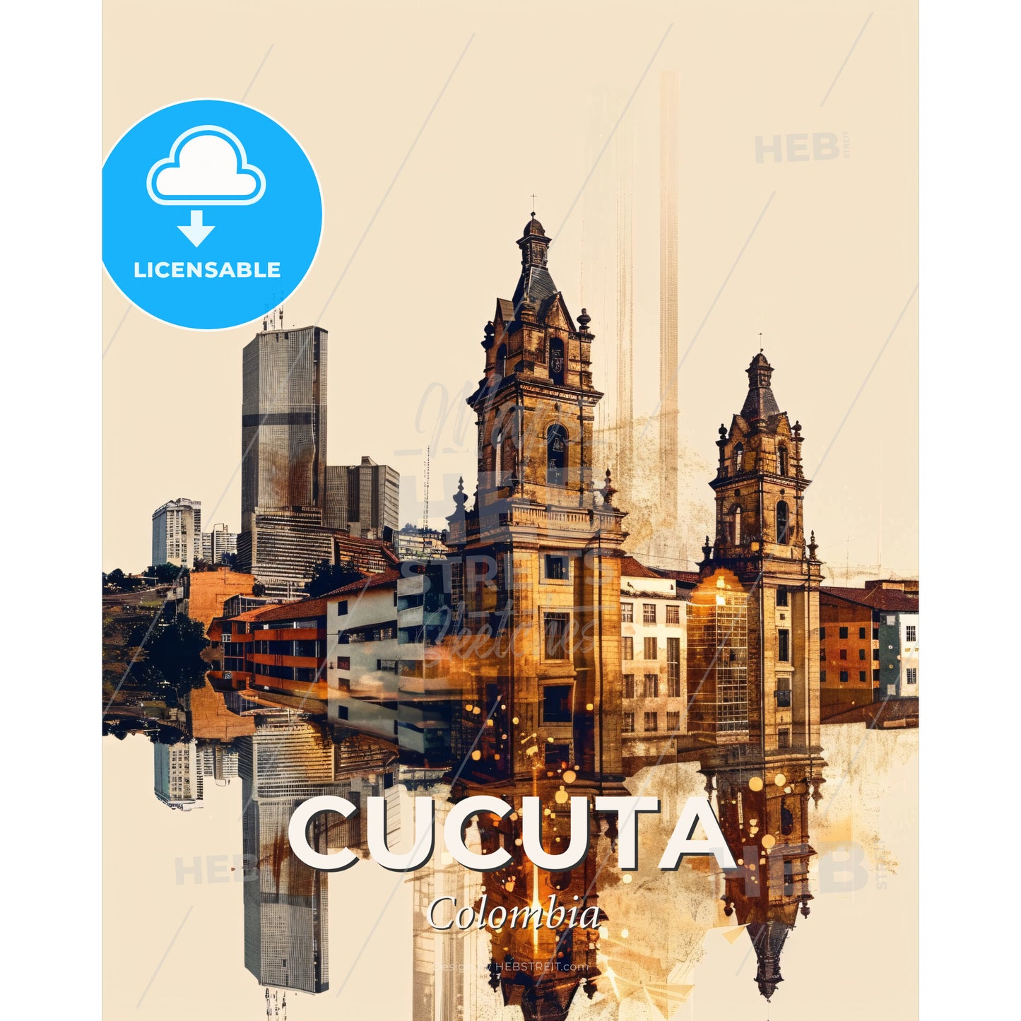Cucuta Skyline and Architecture Poster Art - A water reflection of a city - Square format print template