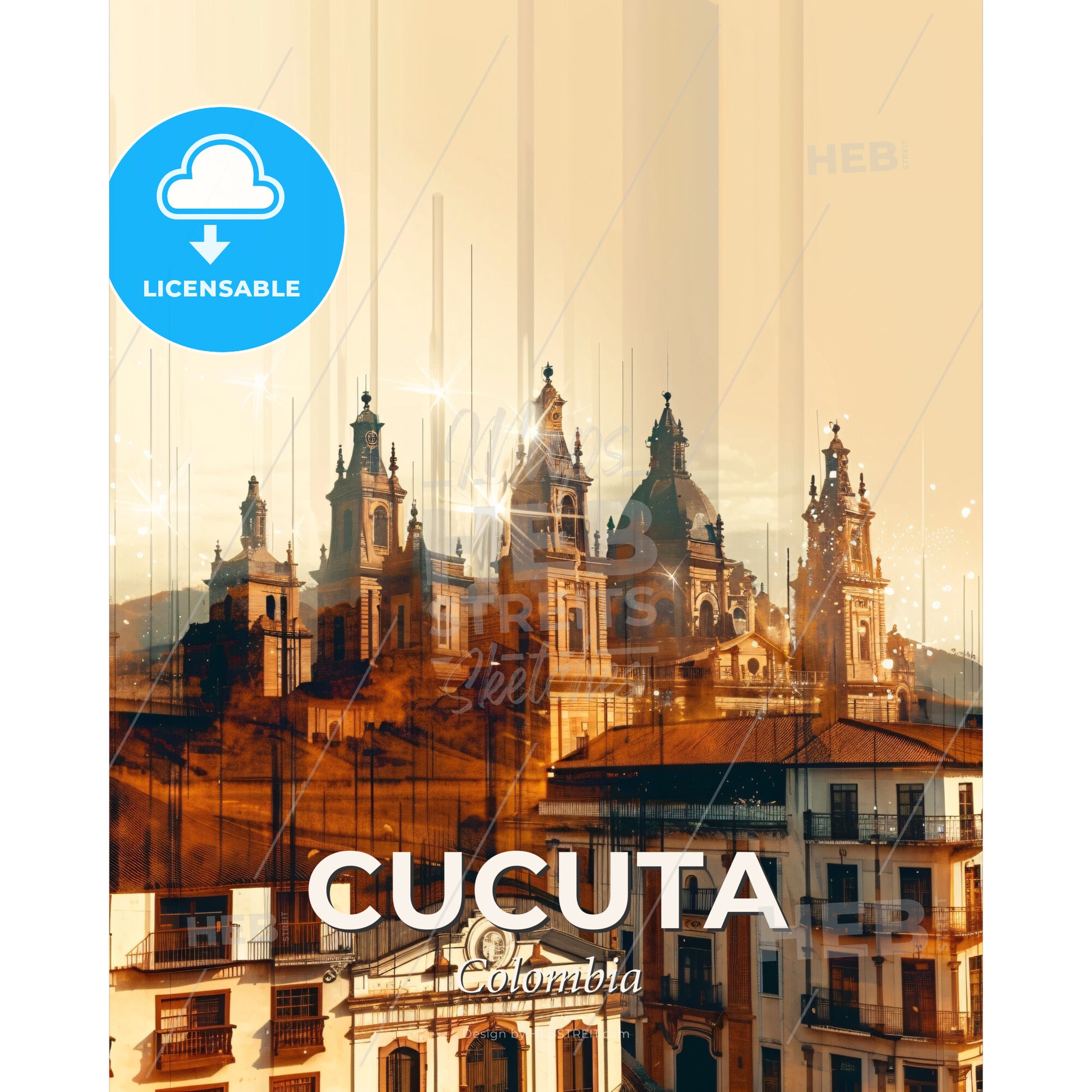 Cucuta Cityscape Art Deco Poster - A building with towers and a clock on top - Square format print template