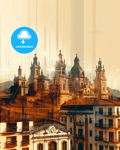 Cucuta Cityscape Art Deco Poster - A building with towers and a clock on top