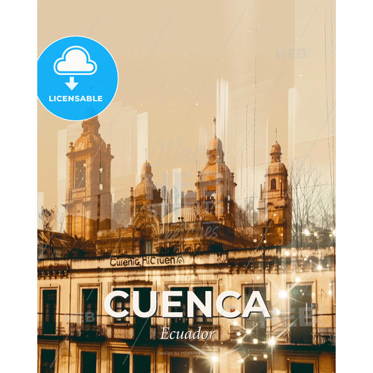 Cuenca Skyline: Local Icons in Double Exposure - A building with towers and a fence - Square format print template