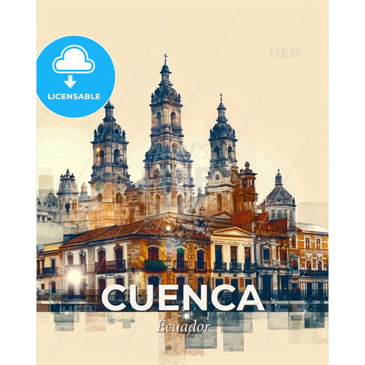 Cuenca City Skyline Iconic Architecture Art Print - A building with towers and a street in the background - Square format print template