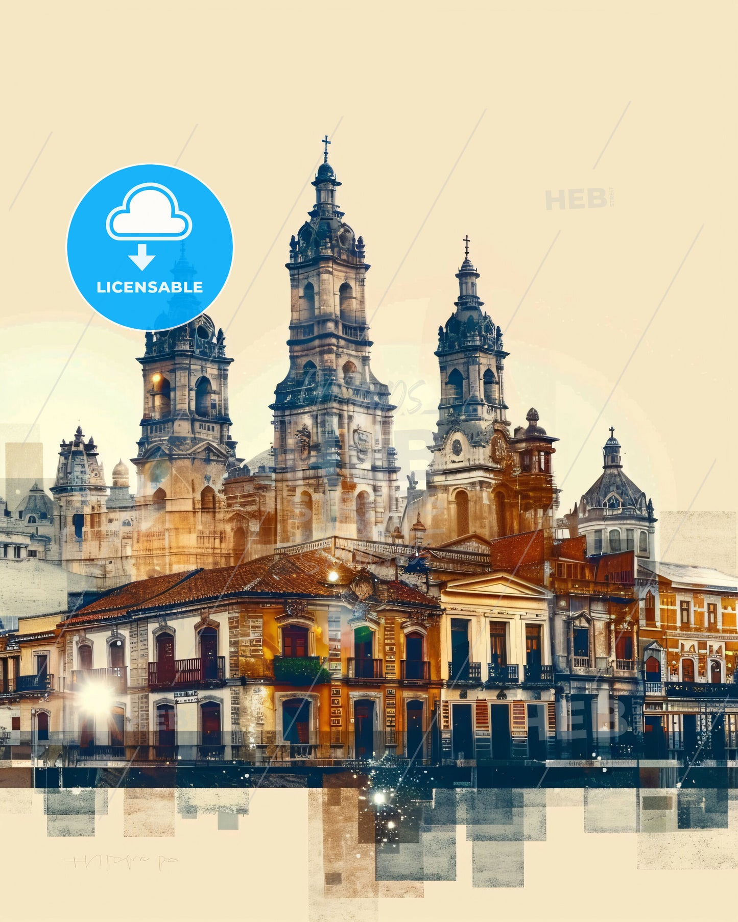 Cuenca City Skyline Iconic Architecture Art Print - A building with towers and a street in the background