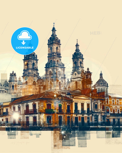 Cuenca City Skyline Iconic Architecture Art Print - A building with towers and a street in the background