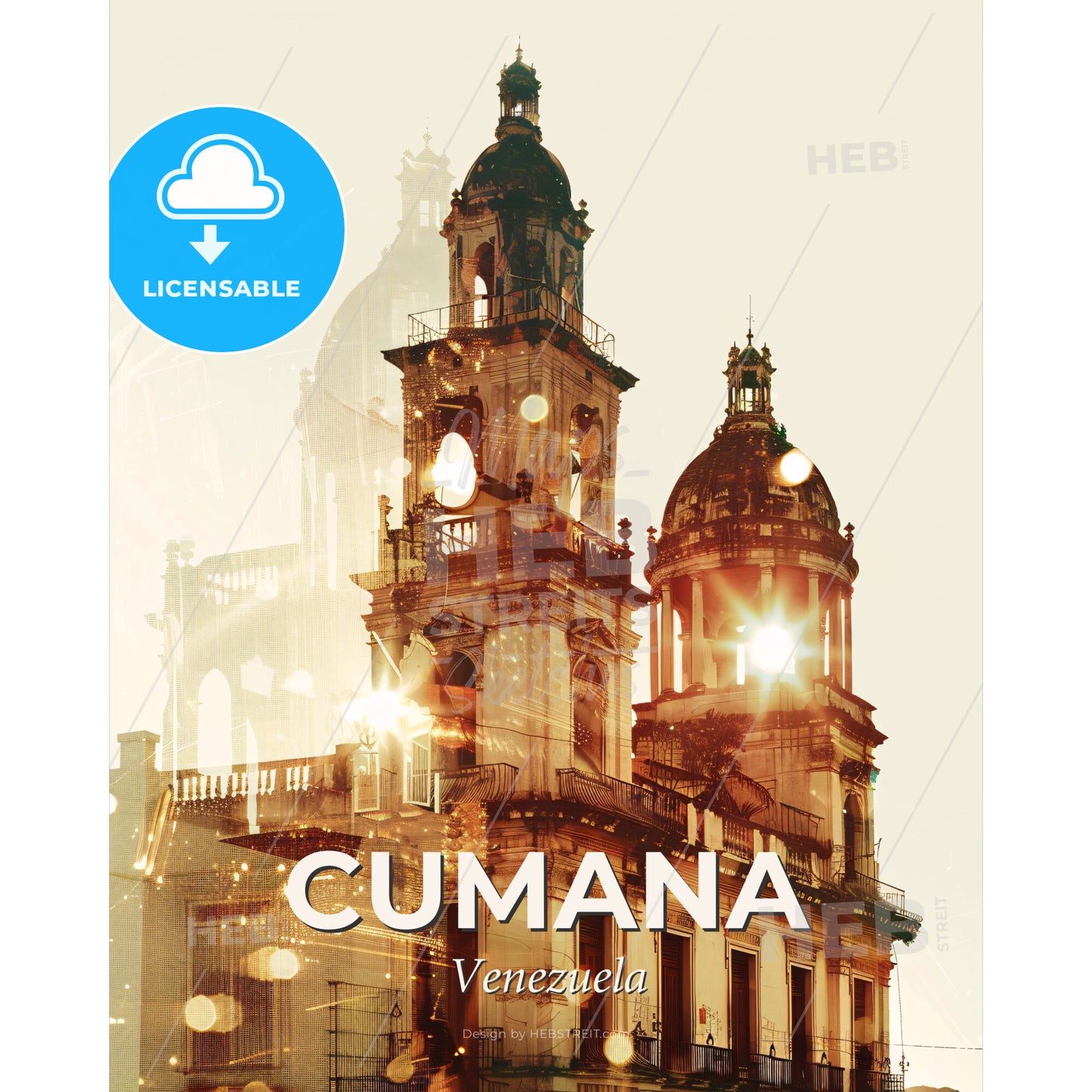 Cumana Venezuela Skyline Double Exposure Art - A building with a tower - Square format print template