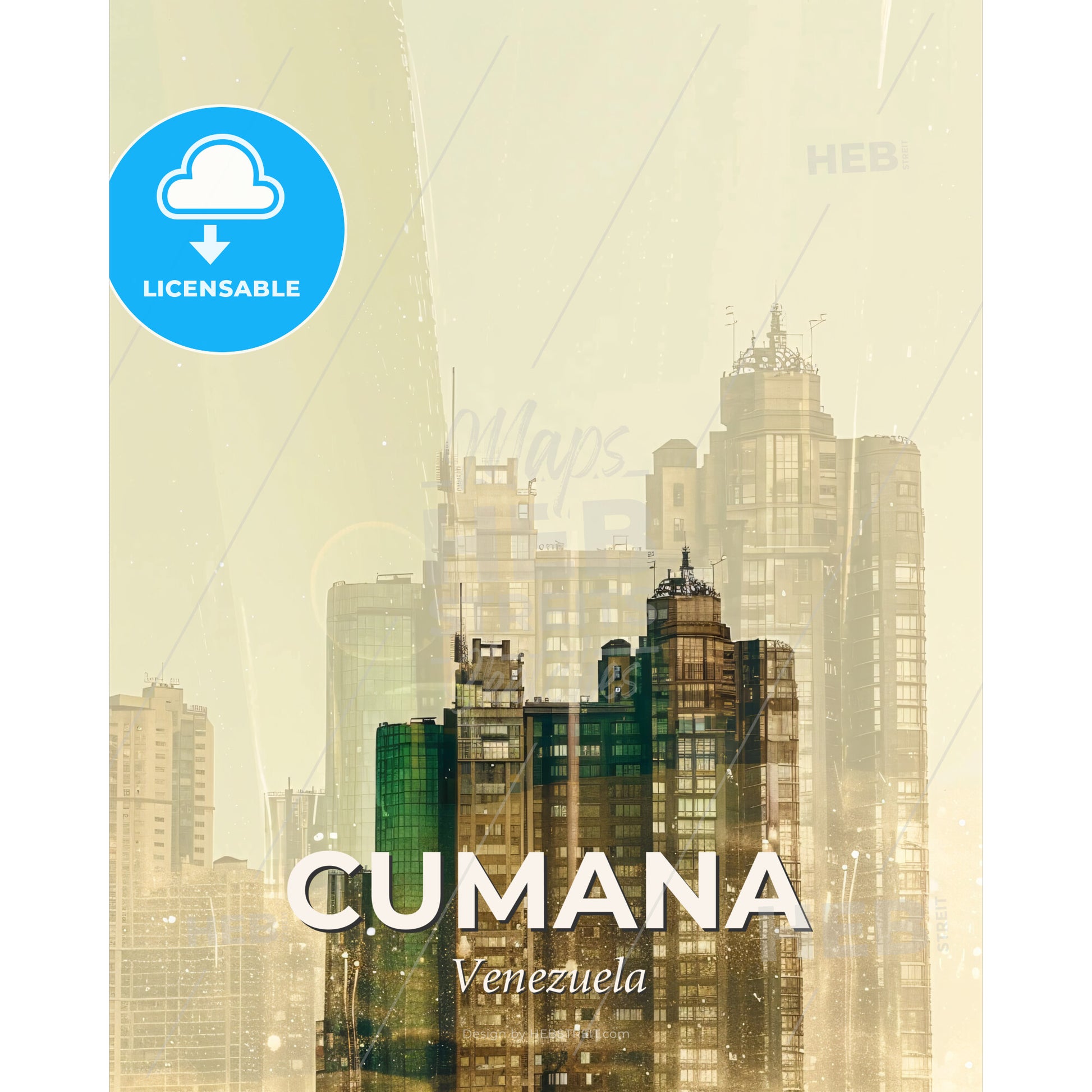 Cumana City Skyline Iconic Architecture Beige Poster - A city skyline with many tall buildings - Square format print template