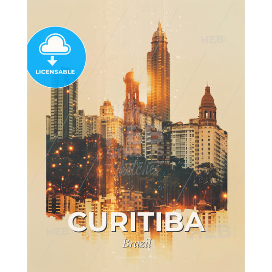 Curitiba Skyline Composite Art Poster - A city skyline with many tall buildings - Square format print template