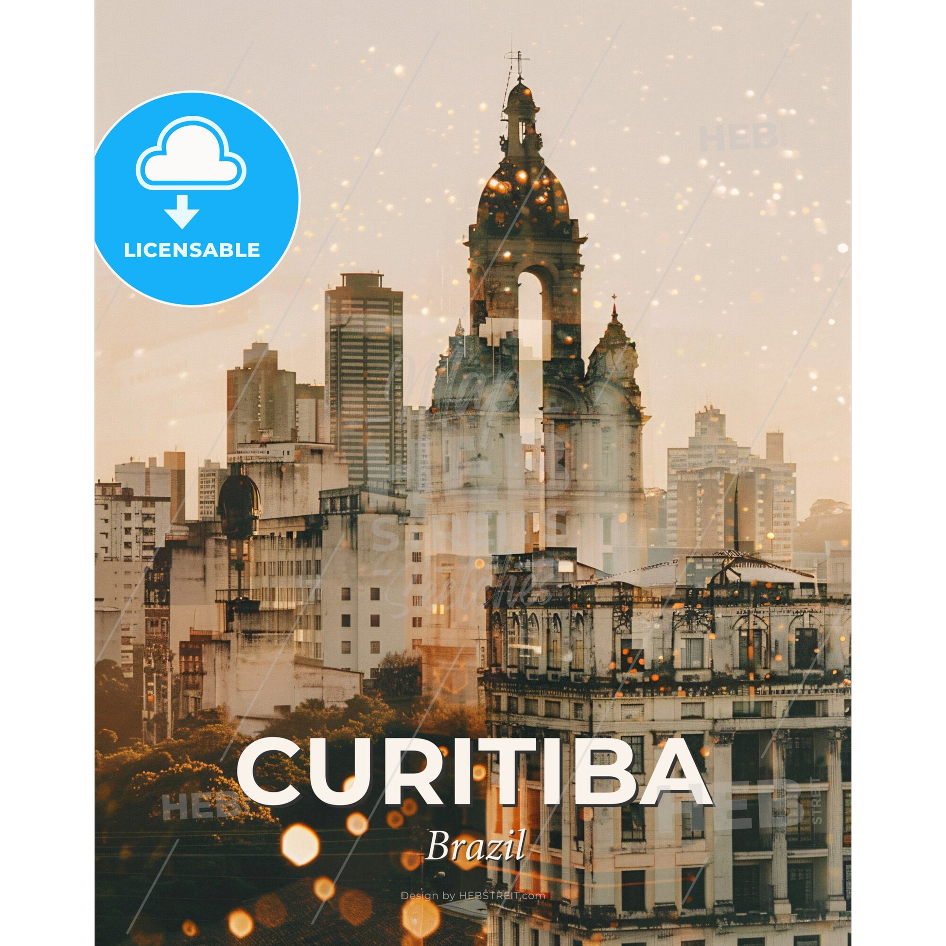 Curitiba Double Exposure Skyline Poster Art - A city with many buildings - Square format print template