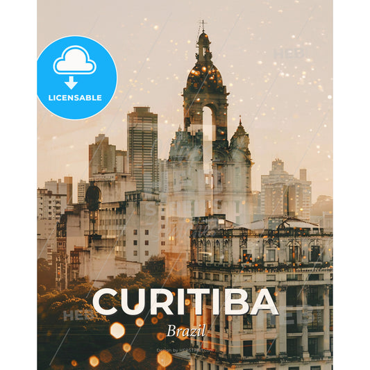 Curitiba Double Exposure Skyline Poster Art - A city with many buildings - Square format print template