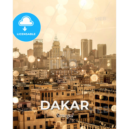 Dakar Skyline Composite Art Poster, Beige Background, Sparkles - A city with many buildings - Square format print template