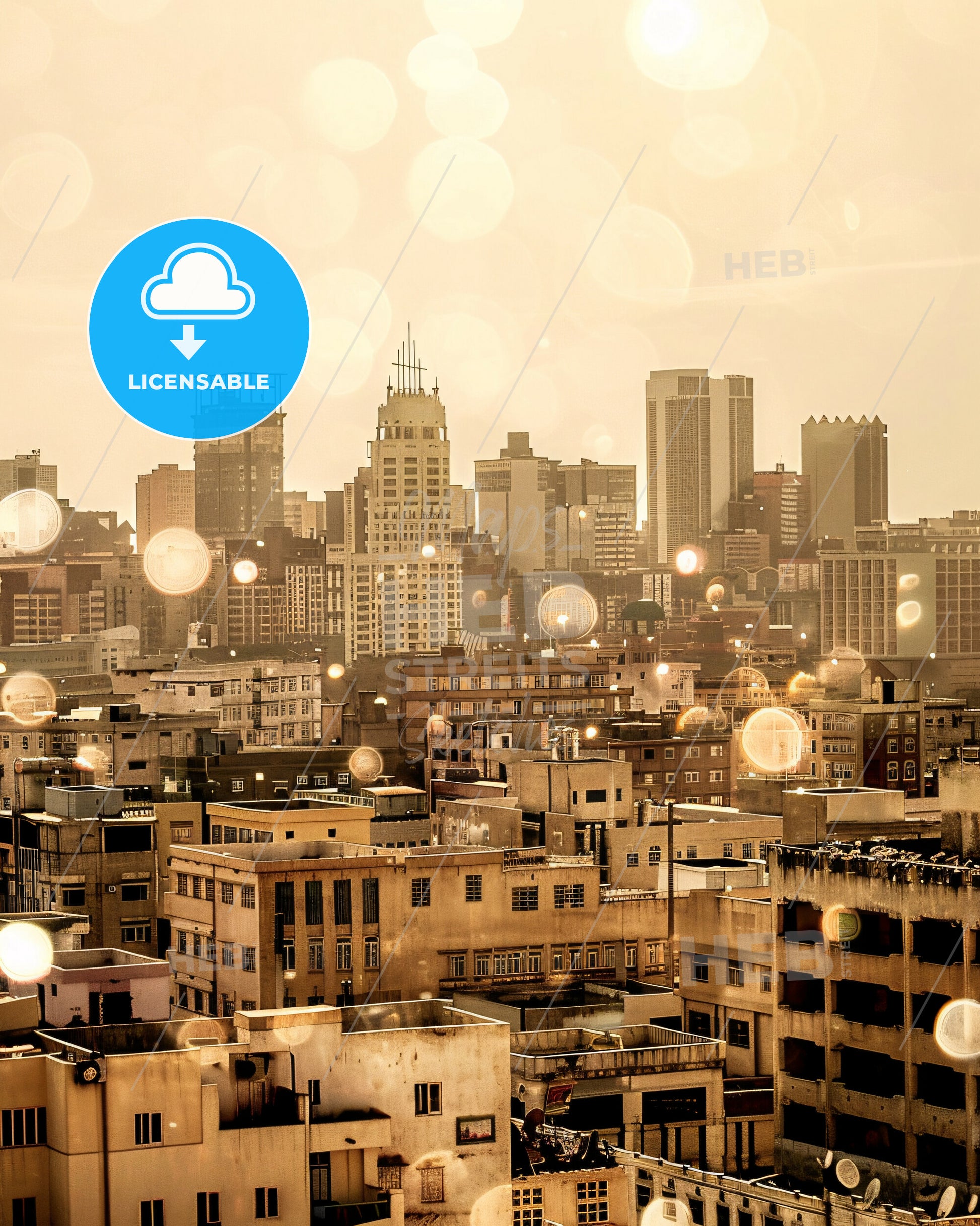 Dakar Skyline Composite Art Poster, Beige Background, Sparkles - A city with many buildings