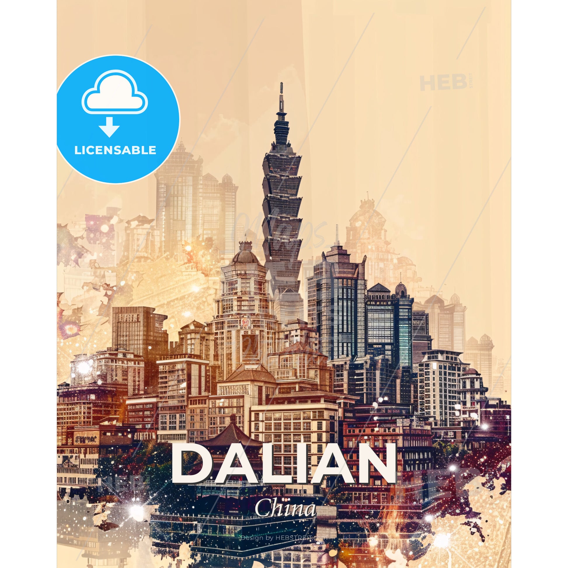 Dalian, China - Architecture in Golden Light - A cityscape with a tall tower - Square format print template