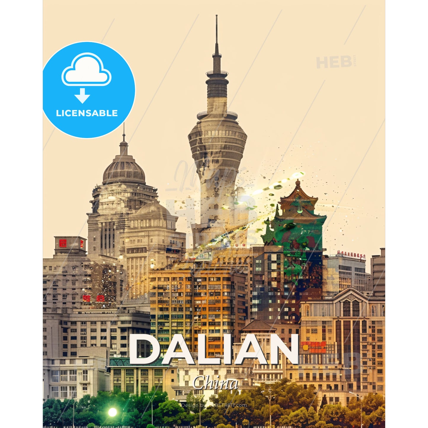 Dalian Skyline Double Exposure Composite Art Poster - A city skyline with many tall buildings - Square format print template