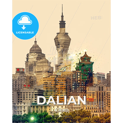 Dalian Skyline Double Exposure Composite Art Poster - A city skyline with many tall buildings - Square format print template