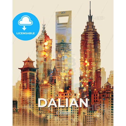 Dalian Double Exposure Art Skyline Poster - A city skyline with many tall buildings - Square format print template