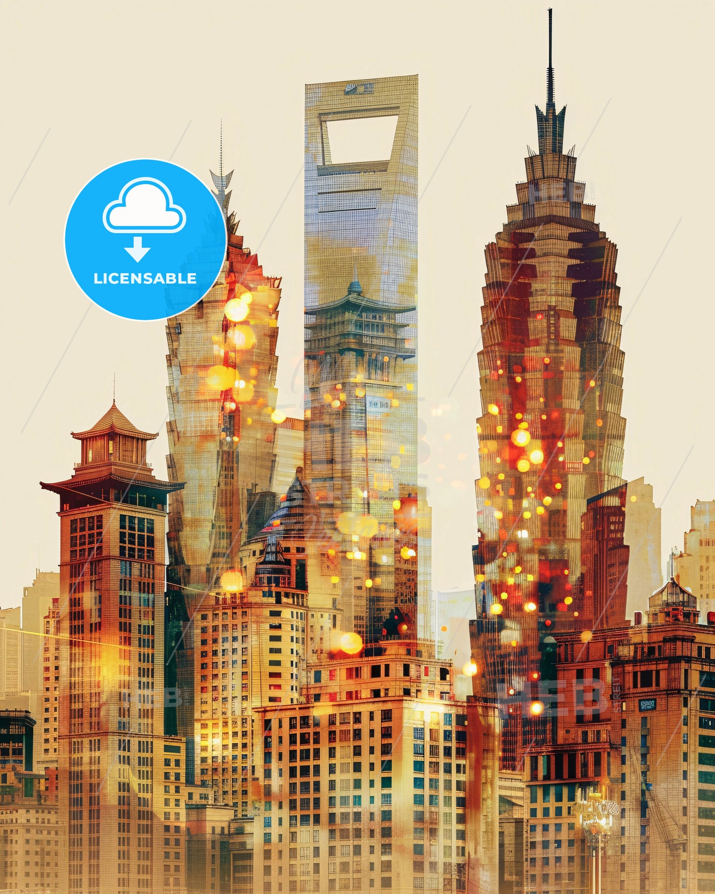 Dalian Double Exposure Art Skyline Poster - A city skyline with many tall buildings
