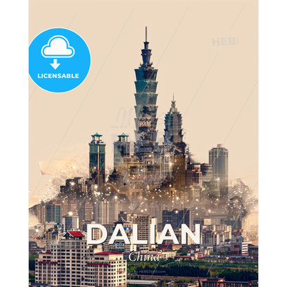 Dalian, China: Double Exposure Skyline Splendor - A city with many tall buildings - Square format print template