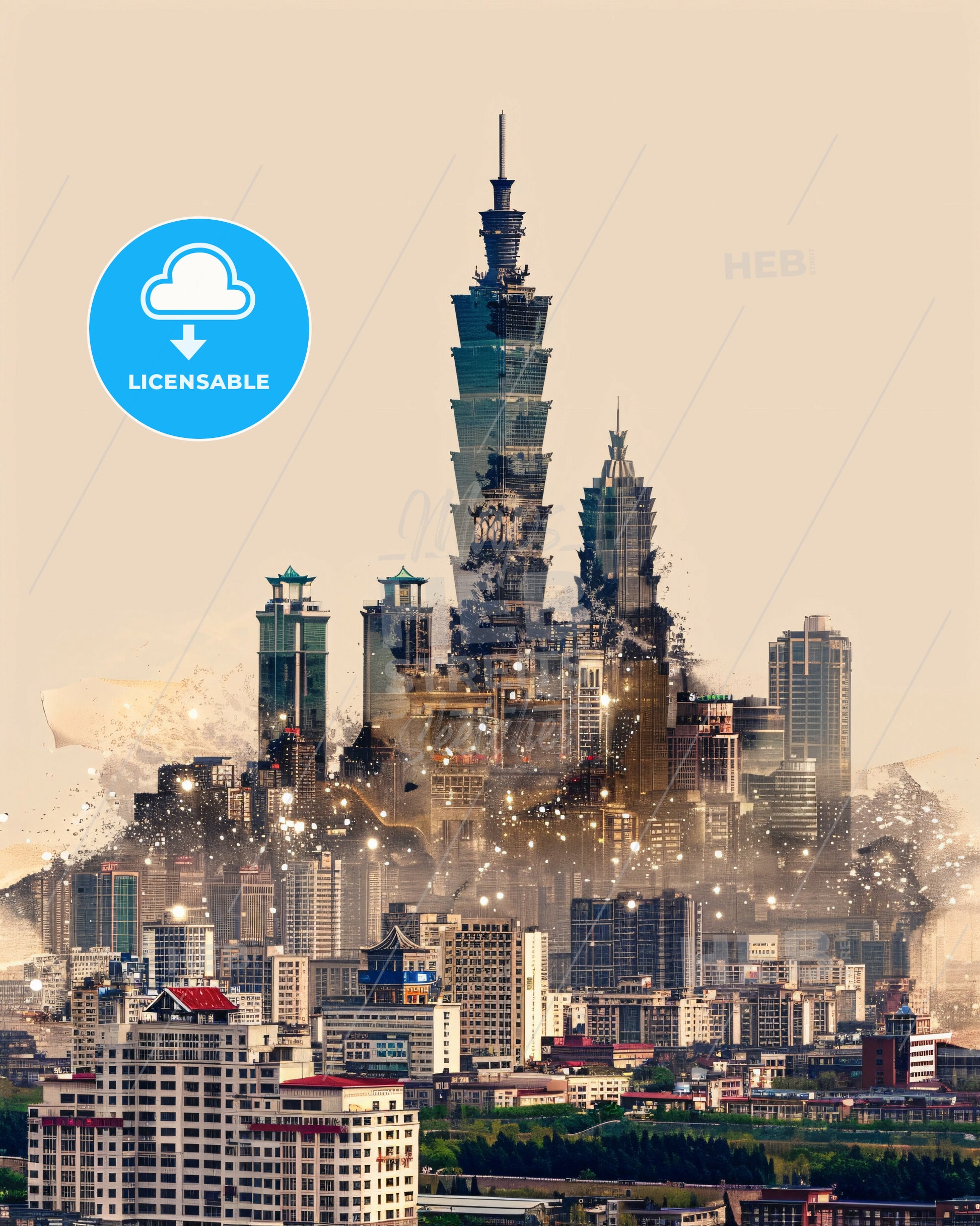 Dalian, China: Double Exposure Skyline Splendor - A city with many tall buildings