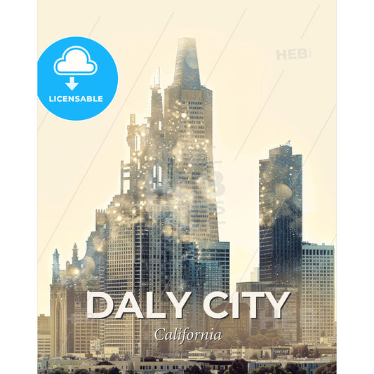 Daly City Skyline Double Exposure Art Print - A city skyline with many tall buildings - Square format print template
