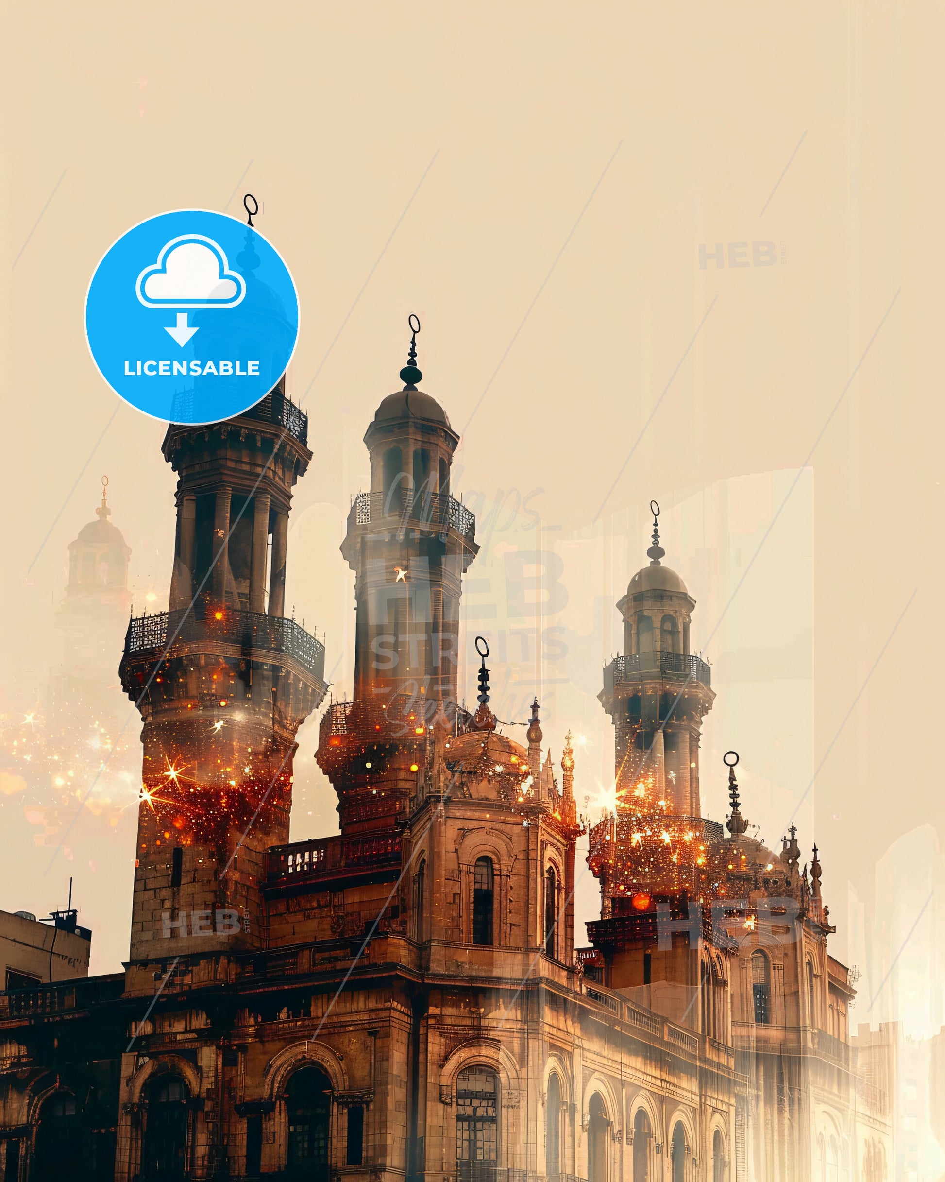 Damascus Skyline Double Exposure Poster Art - A large building with towers and a few stars