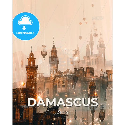 Damascus Skyline: Eastern Lights and Sparkles - A city with many towers and lanterns - Square format print template