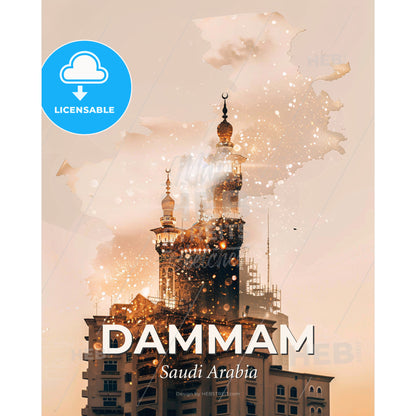Dammam City Skyline Double Exposure Art Poster - A building with a moon on top - Square format print template