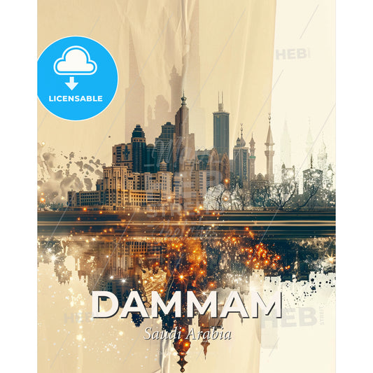 Dammam Dreamy Double Exposure Delight - A city skyline reflected in water - Square format print template