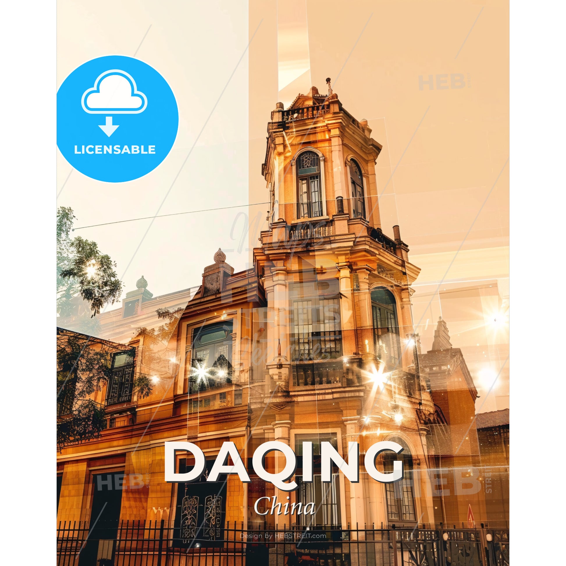 Daqing Skyline Double Exposure Architectural Composite - A building with a tower - Square format print template