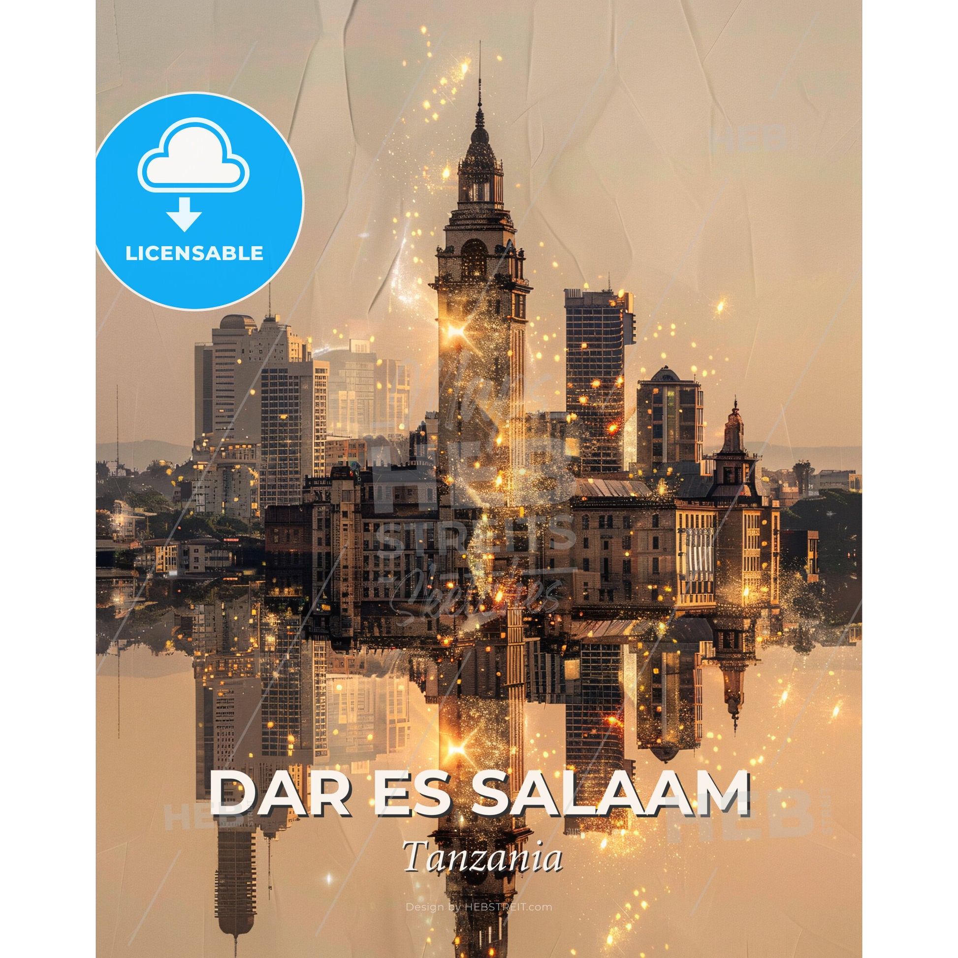 Dar es Salaam Skyline Iconic Architecture Art Poster - A city with a clock tower reflected in water - Square format print template