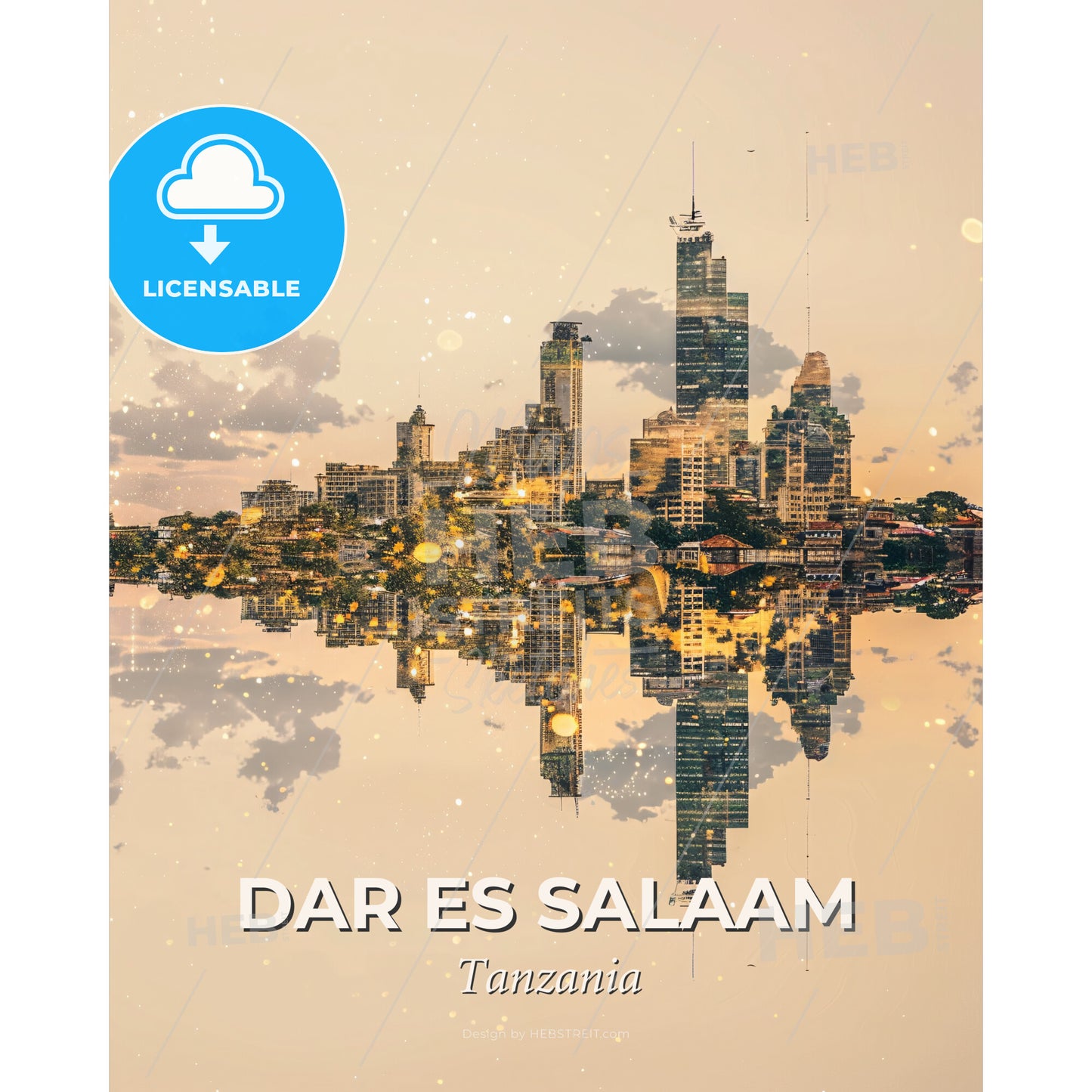 Dar es Salaam Skyline Beige Poster - A city skyline reflected in water - Square format print template